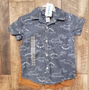Carters brand 2 piece outfit. Brown shorts and blue dinosaur button shirt.